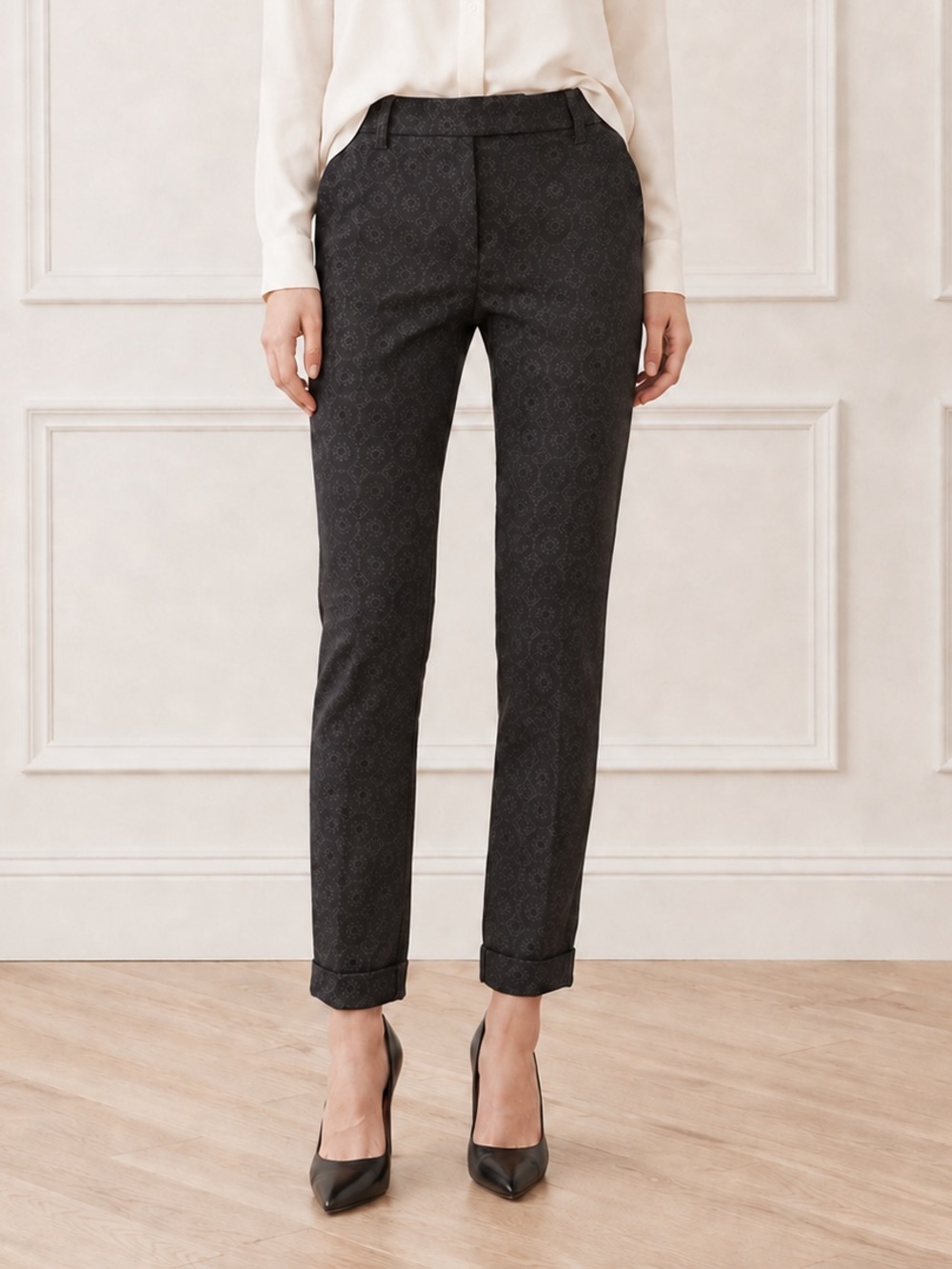 Theory Marsienna Tori Pants Size 6 Black Jacquard Slim Ankle Crop USA Dressy